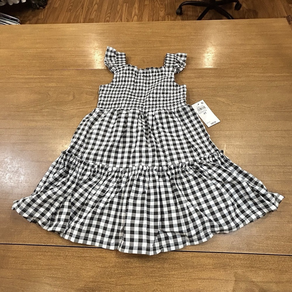 ON 34TH Dress Girls 4T Black White Gingham‎ Smocked Ruffle Strap Lined Sundress